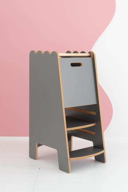 BUBBLE Montessori Lernturm in Grau mit Rüsche als sicherer Kitchen Helper aus Holz