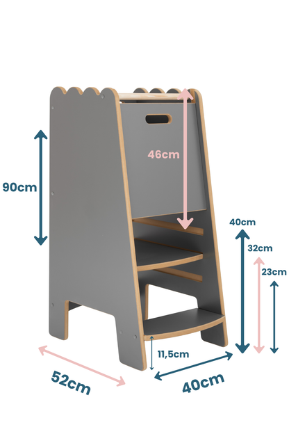 BUBBLE Montessori Lernturm in Grau mit Rüsche als sicherer Kitchen Helper aus Holz