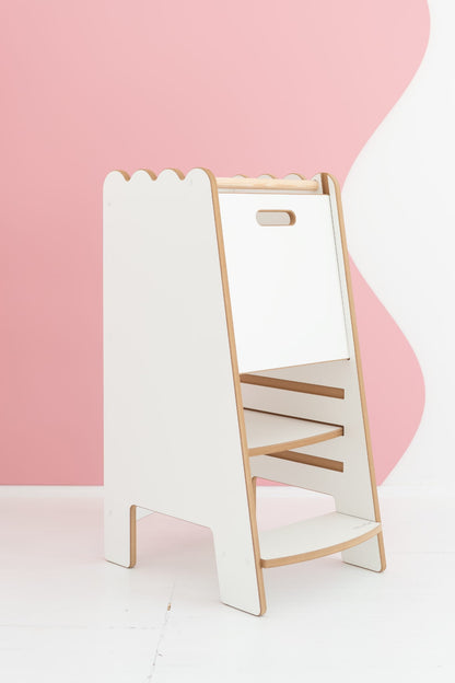 BUBBLE Montessori Lernturm mit Rüsche als sicherer Kitchen Helper aus Holz