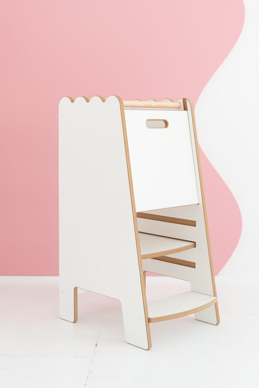 BUBBLE Montessori Lernturm mit Rüsche als sicherer Kitchen Helper aus Holz