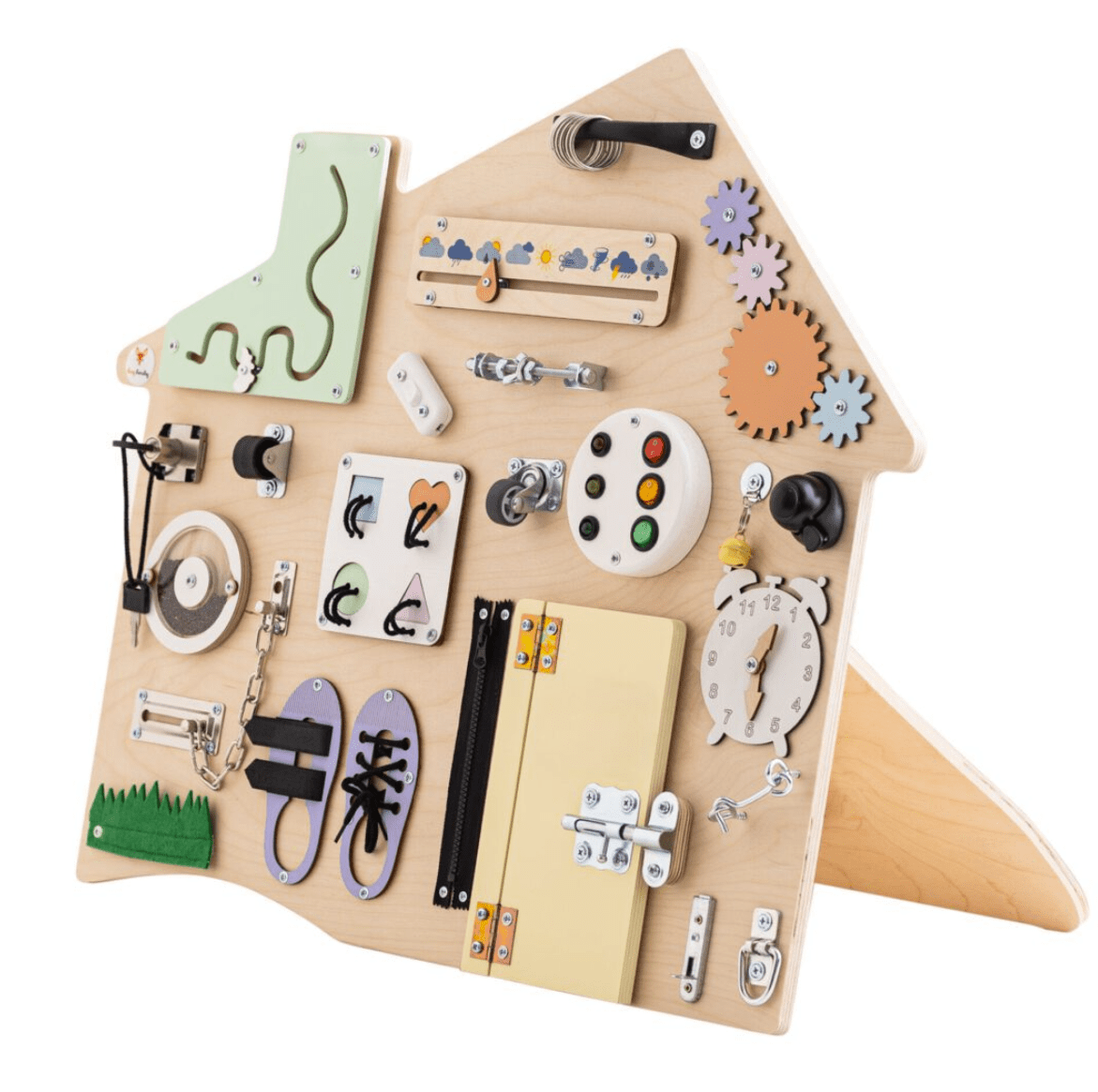 Busyboard Haus XL Pastell – Montessori Lernwand aus Holz - BesonderesHoch2