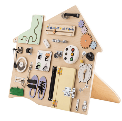 Busyboard Haus XL Pastell – Montessori Lernwand aus Holz - BesonderesHoch2