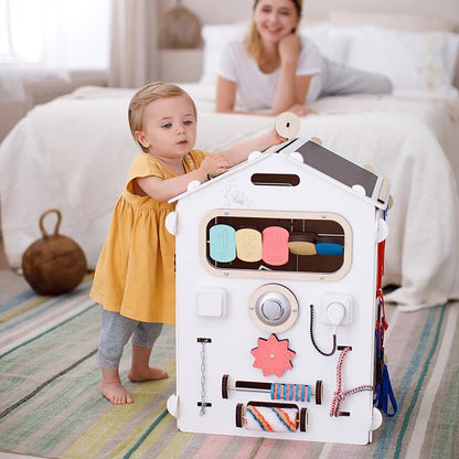 BusyBoard sensorisches Spielhaus Weiß – Montessori Holzspielzeug mit über 30 Aktivitäten - BesonderesHoch2