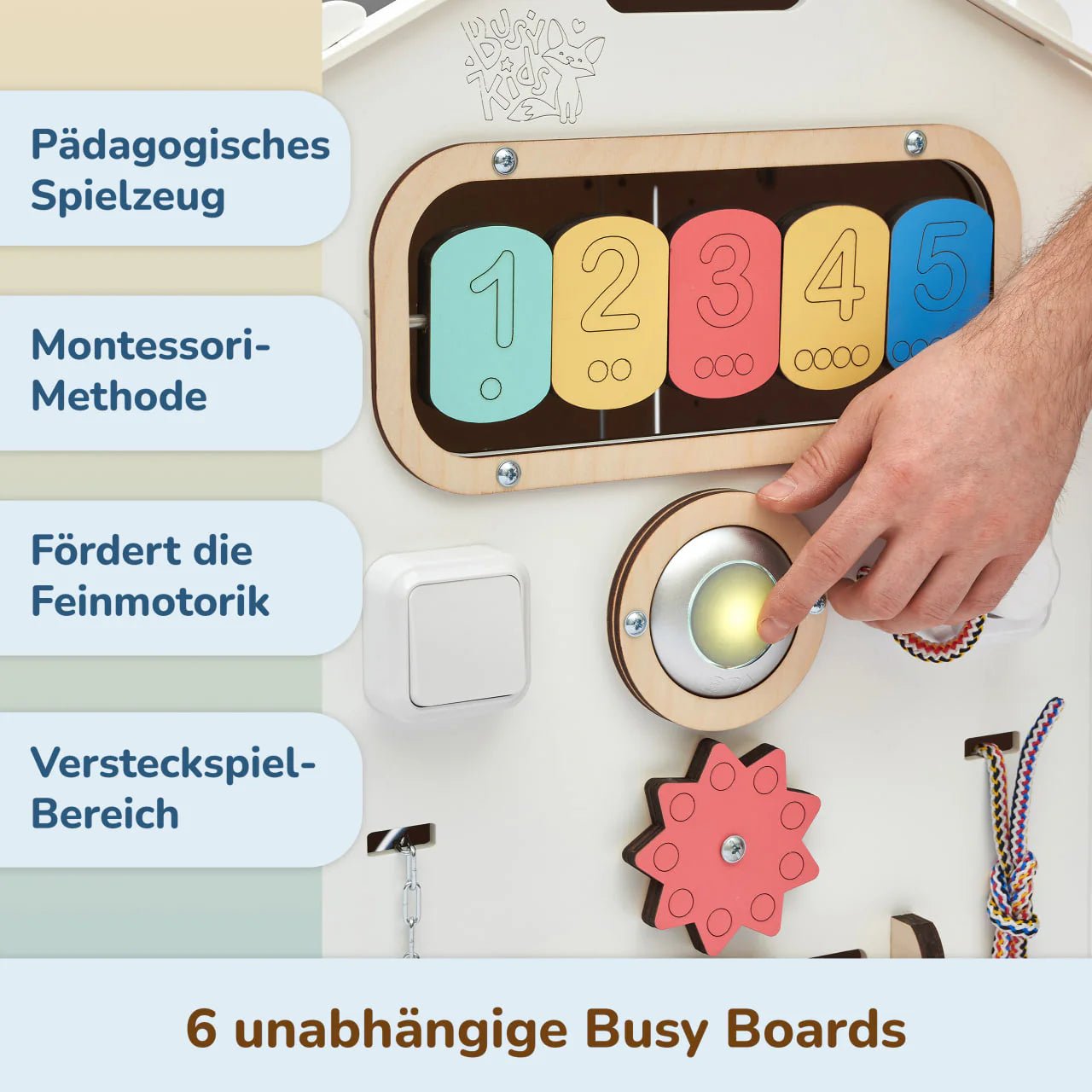 BusyBoard sensorisches Spielhaus Weiß – Montessori Holzspielzeug mit über 30 Aktivitäten - BesonderesHoch2