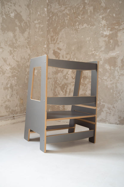 DOUBLE Montessori Lernturm in Grau für zwei Kinder als Kitchen Helper aus Holz