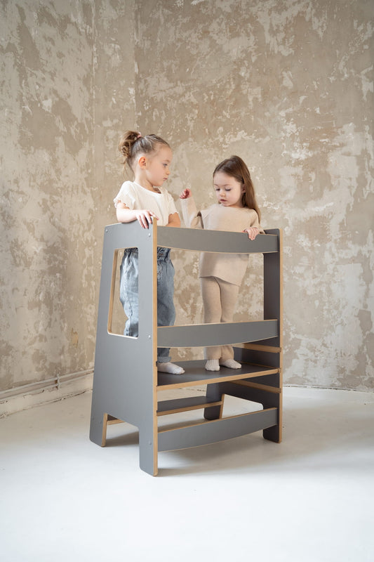 DOUBLE Montessori Lernturm in Grau für zwei Kinder als Kitchen Helper aus Holz