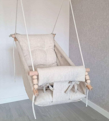 Große Babyschaukel Hängematte aus Leinen, beige - BesonderesHoch2