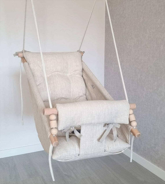 Große Babyschaukel Hängematte aus Leinen, beige - BesonderesHoch2