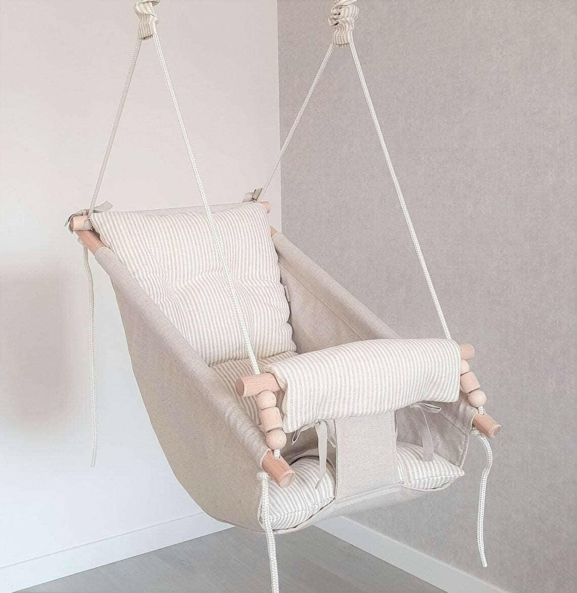 Große Babyschaukel Hängematte aus Leinen, beige gestreift - BesonderesHoch2