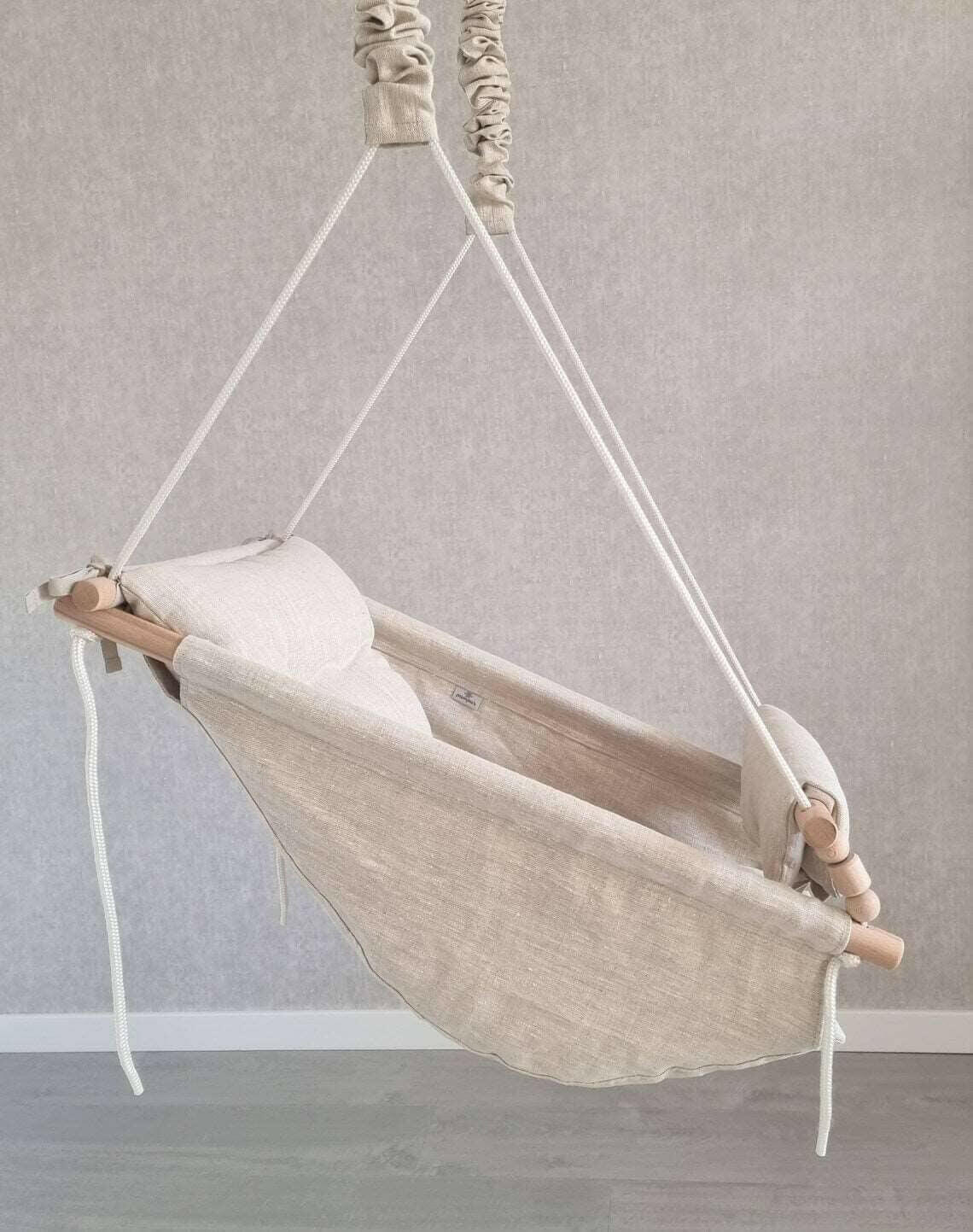 Große Babyschaukel Hängematte aus Leinen, beige Pumpur 