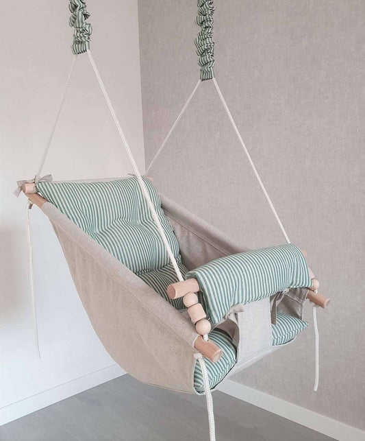 Large baby swing hammock made of linen, green stripes