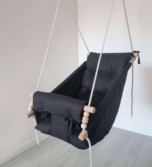 Große Babyschaukel Hängematte aus Leinen, schwarz - BesonderesHoch2