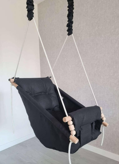 Große Babyschaukel Hängematte aus Leinen, schwarz - BesonderesHoch2