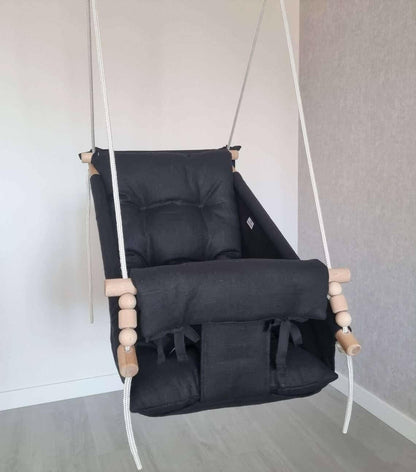 Große Babyschaukel Hängematte aus Leinen, schwarz - BesonderesHoch2