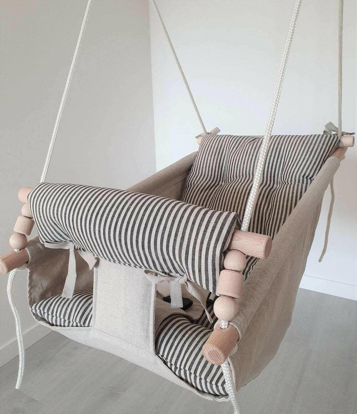 Große Babyschaukel Hängematte aus Leinen, schwarz gestreift - BesonderesHoch2