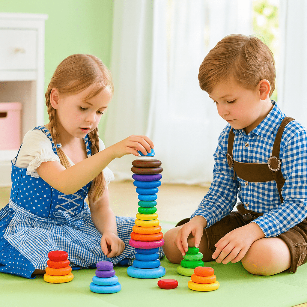 Holz Balance und Stapelsteine Turm - in Regenbogen Farben für Kleinkinder ab 2 Jahre - BesonderesHoch2