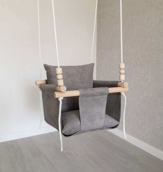 Babyschaukel aus NUBUCK, Grau, niedrige Rückenlehne - besondereshoch2