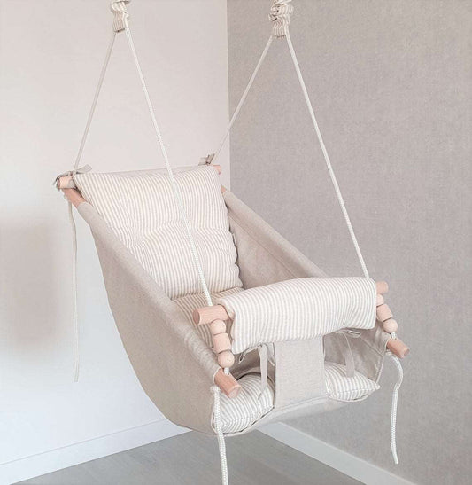 Große Babyschaukel aus Leinen, beige gestreift - besondereshoch2