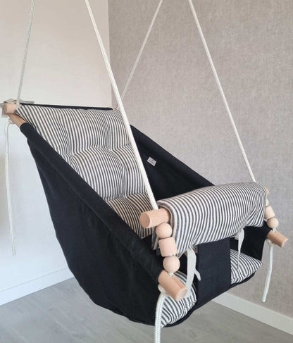 Große schwarze Babyschaukel aus Leinen, schwarz gestreift - besondereshoch2