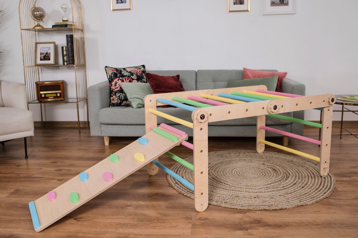 Kletterdreieck Set, Kletterbogen, Rutsche, Pikler Dreieck - pastell - natur - besondereshoch2