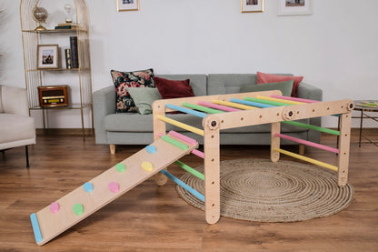 Kletterdreieck Set, Kletterbogen, Rutsche, Pikler Dreieck - pastell - natur - besondereshoch2