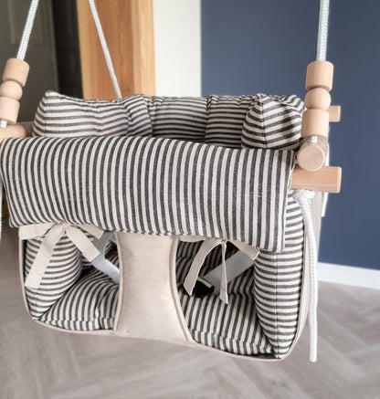 Premium Babyschaukel aus Polyester, Wetterfest, Beige, schwarze Streifen - besondereshoch2
