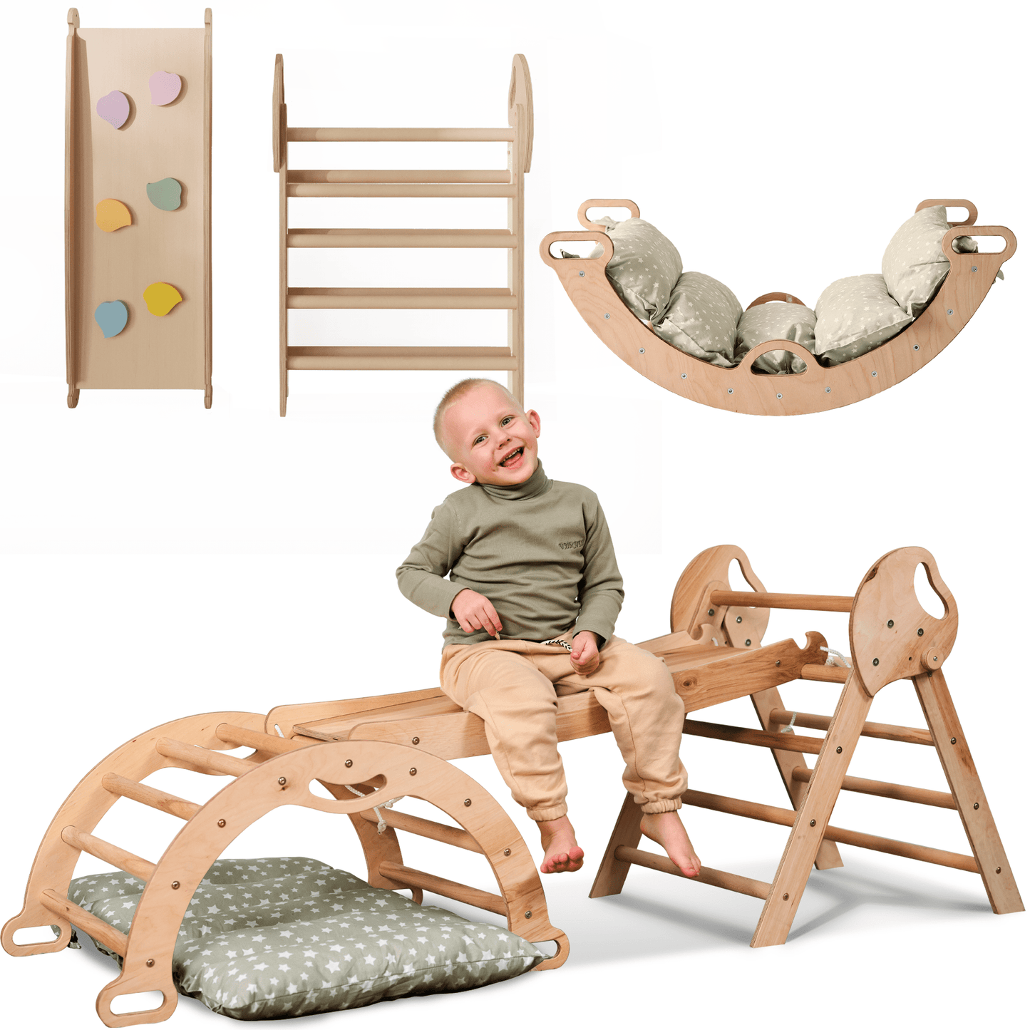 Montessori 4in1 Kletterdreieck für Babys: Pikler - Dreieck, Kletterbogen, Rutschbrett und Kissen für Kleinkinder (1–3 Jahre) - BesonderesHoch2
