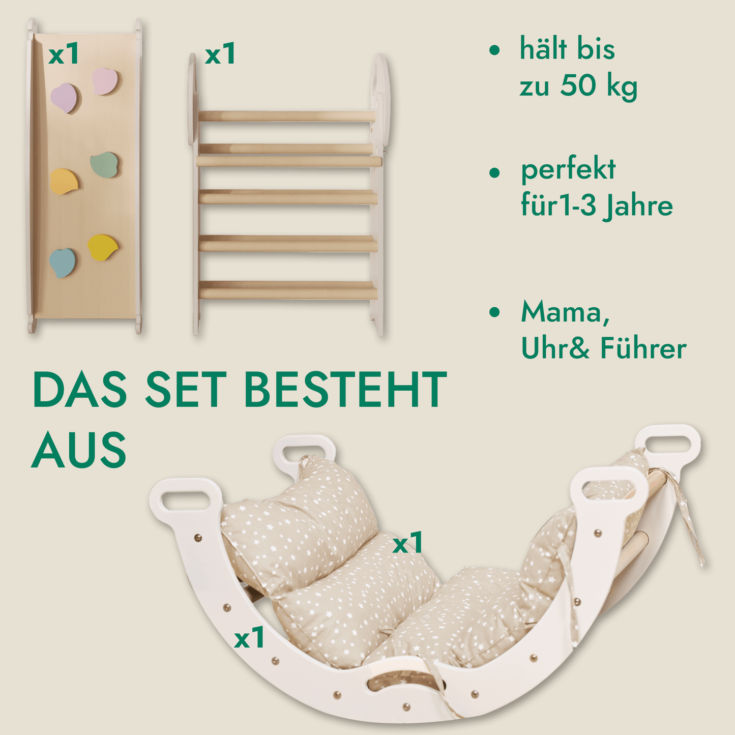 Montessori 4in1 Kletterdreieck für Babys: Pikler - Dreieck, Kletterbogen, Rutschbrett und Kissen für Kleinkinder (1–3 Jahre) - BesonderesHoch2