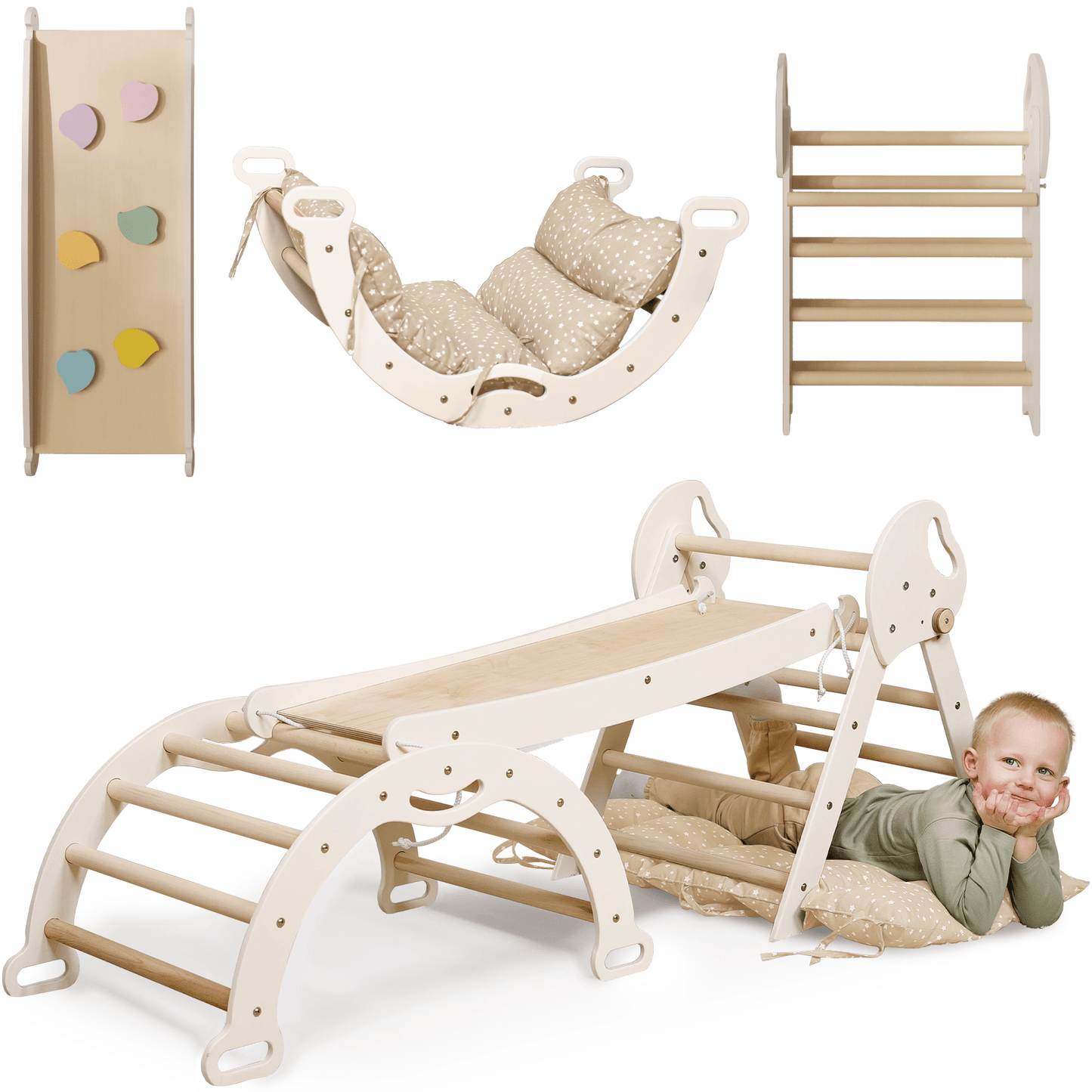 Montessori 4in1 Kletterdreieck für Babys: Pikler - Dreieck, Kletterbogen, Rutschbrett und Kissen für Kleinkinder (1–3 Jahre) - BesonderesHoch2
