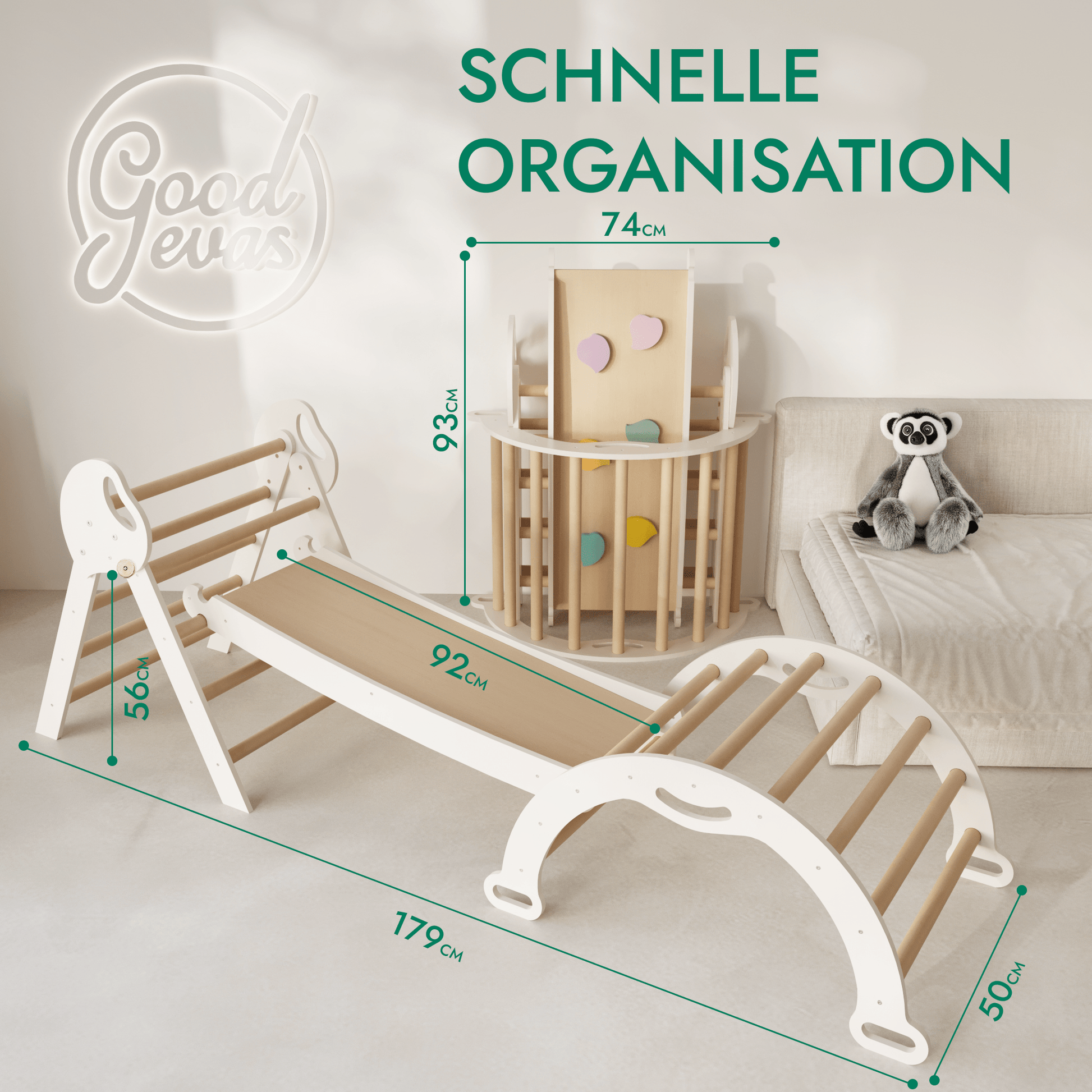 Montessori 4in1 Kletterdreieck für Babys: Pikler - Dreieck, Kletterbogen, Rutschbrett und Kissen für Kleinkinder (1–3 Jahre) - BesonderesHoch2