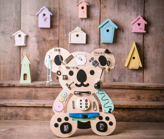 Montessori Busy Board Activity Board Motorikbrett Holz, Koala - BesonderesHoch2