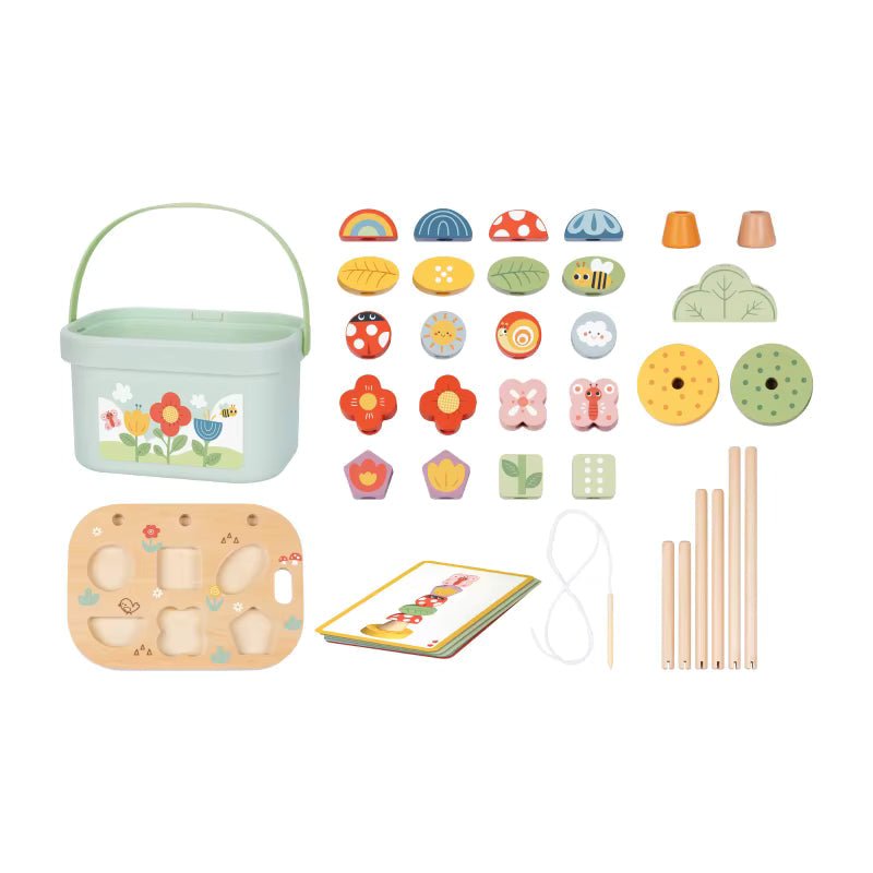 Montessori Holz Wald Steck - Einfädeln und Stapel Set mit Tierfiguren - Lern - & Motorikspielzeug für Kinder - BesonderesHoch2