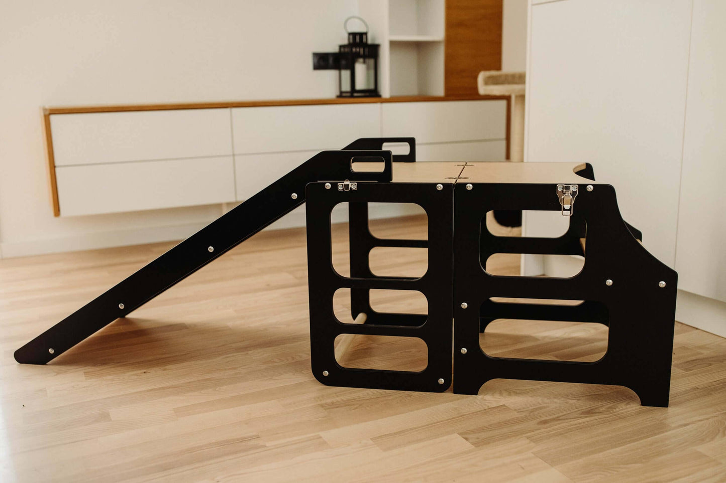 Montessori Lernturm, 3 in 1, Montessori Turm, Rutsche Duck Woodworks Küchenturm mit Rutsche Schwarz 