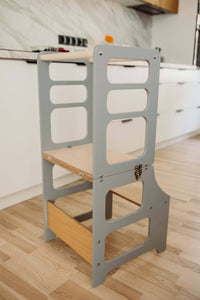 Montessori Lernturm, 3 in 1, Montessori Turm, Rutsche Duck Woodworks Nur Küchenturm Grau 