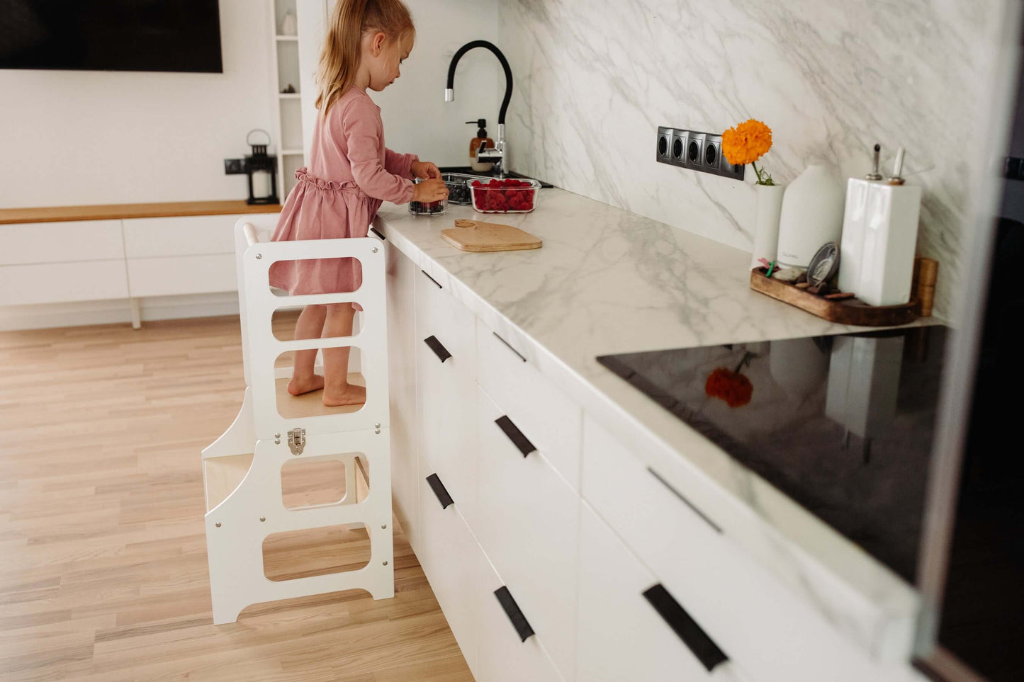 Montessori Lernturm, 3 in 1, Montessori Turm, Rutsche Duck Woodworks Nur Küchenturm Weiß 