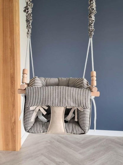 Premium Babyschaukel aus Polyester, Wetterfest, Beige, schwarze Streifen - BesonderesHoch2