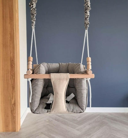 Premium Babyschaukel aus Polyester, Wetterfest, Beige, schwarze Streifen - BesonderesHoch2