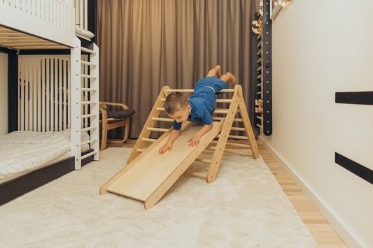 Wall bars &amp; climbing triangle with slide, Pikler triangle