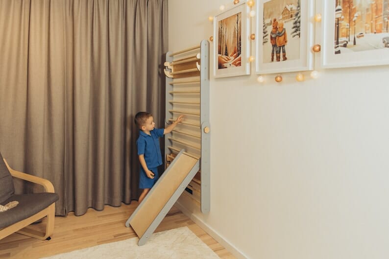 Sprossenwand & Kletterdreieck mit Rutsche, Pikler Dreieck Duck Woodworks Kletterdreieck Wand Set + Klimmzugstange + Rutsche Natur 