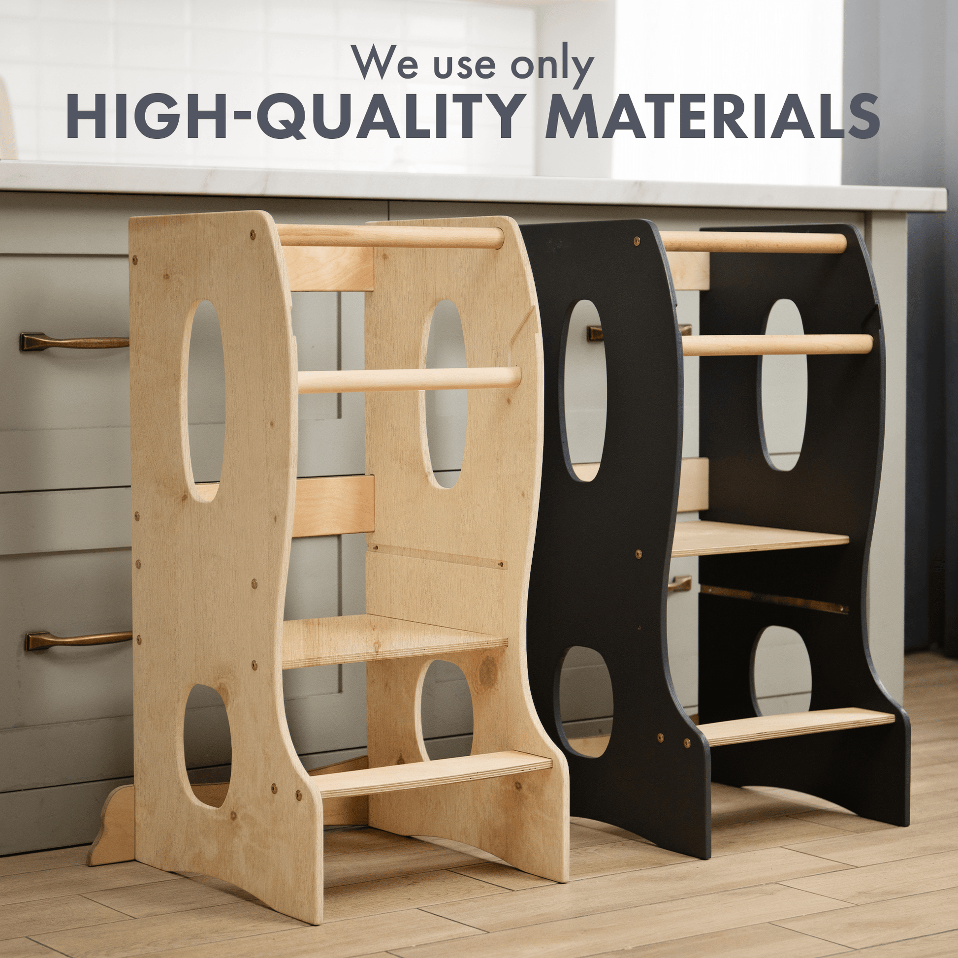 Stabiler Montessori Lernturm: Mitwachsender Kinderstuhl aus Holz – Beige - BesonderesHoch2