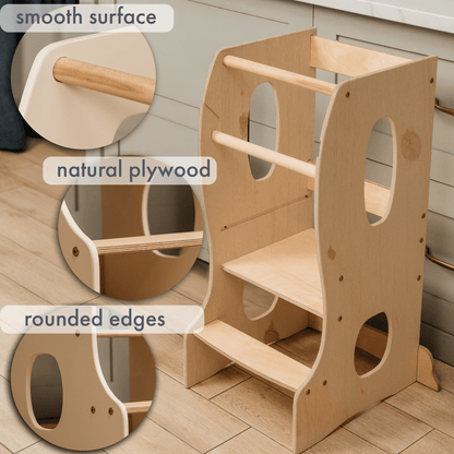 Stabiler Montessori Lernturm: Mitwachsender Kinderstuhl aus Holz – Beige - BesonderesHoch2