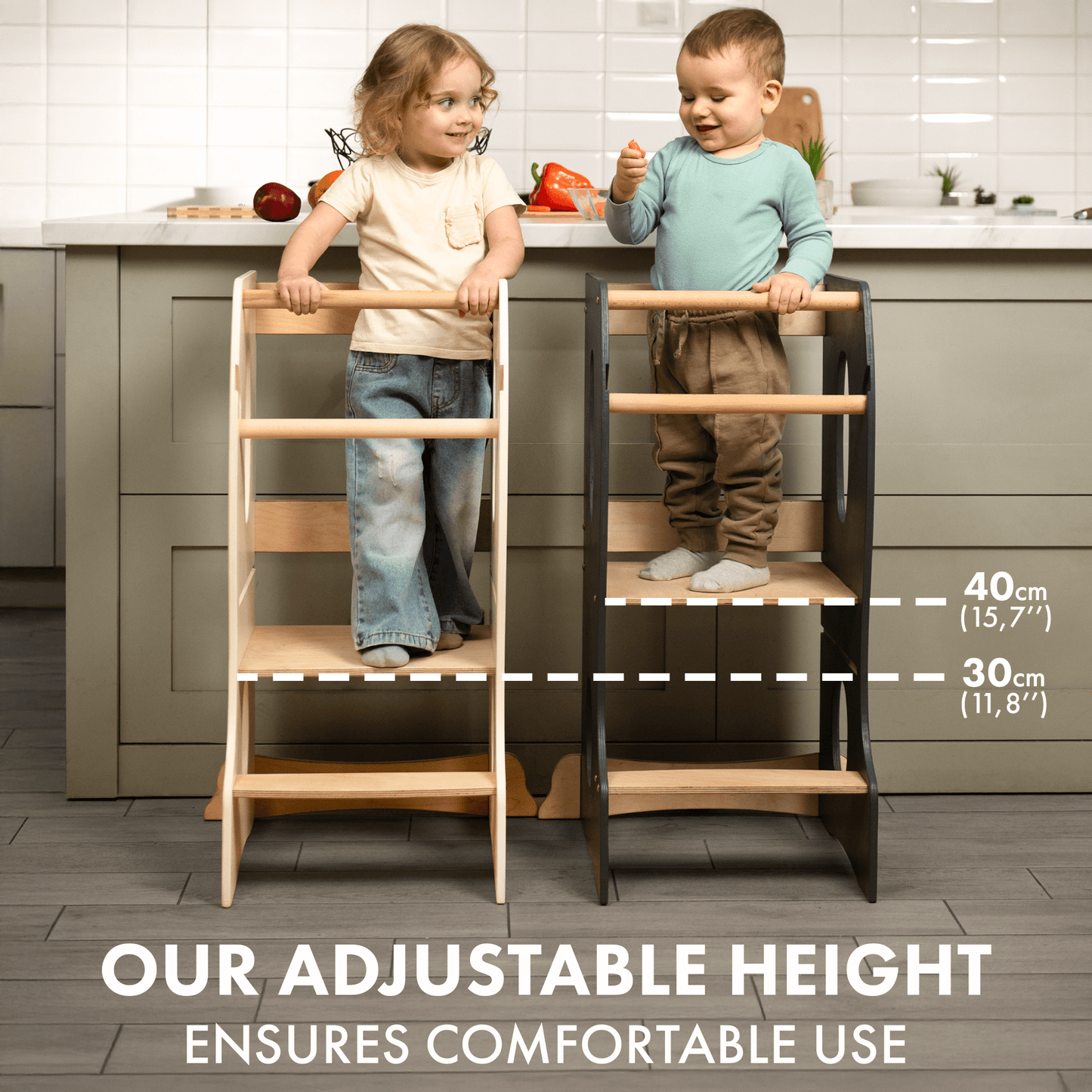 Stabiler Montessori Lernturm: Mitwachsender Kinderstuhl aus Holz – Beige - BesonderesHoch2