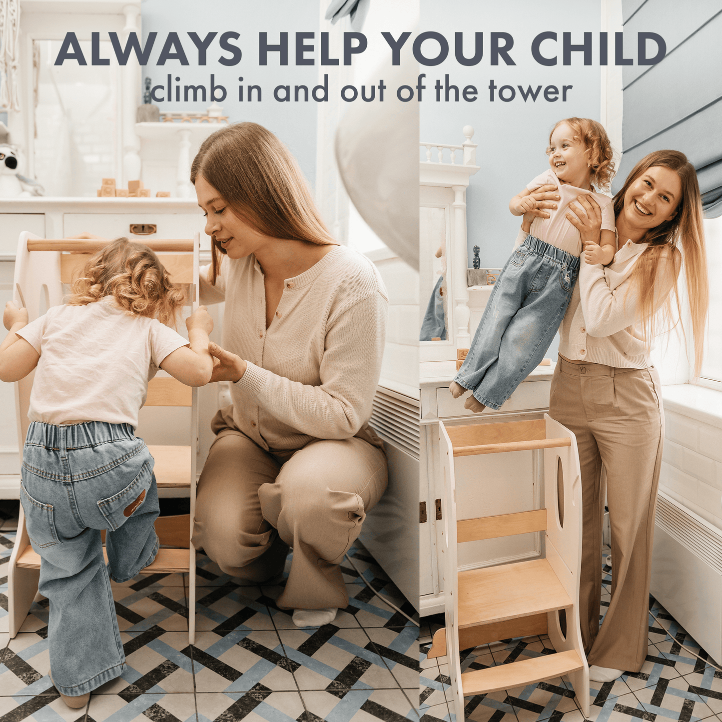 Stabiler Montessori Lernturm: Mitwachsender Kinderstuhl aus Holz – Elfenbein - BesonderesHoch2