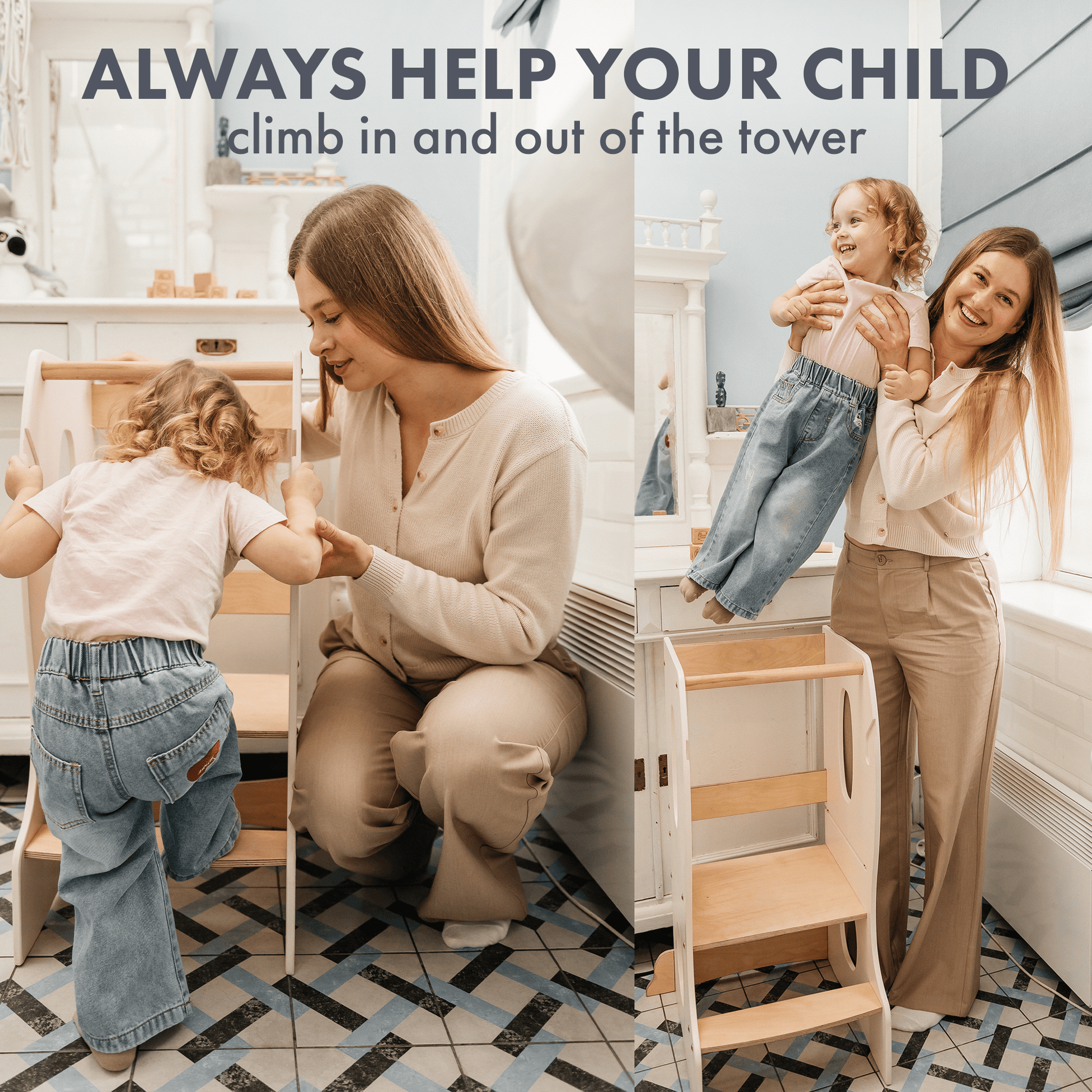 Stabiler Montessori Lernturm: Mitwachsender Kinderstuhl aus Holz – Elfenbein - BesonderesHoch2