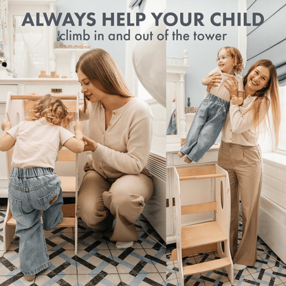 Stabiler Montessori Lernturm: Mitwachsender Kinderstuhl aus Holz – Elfenbein - BesonderesHoch2