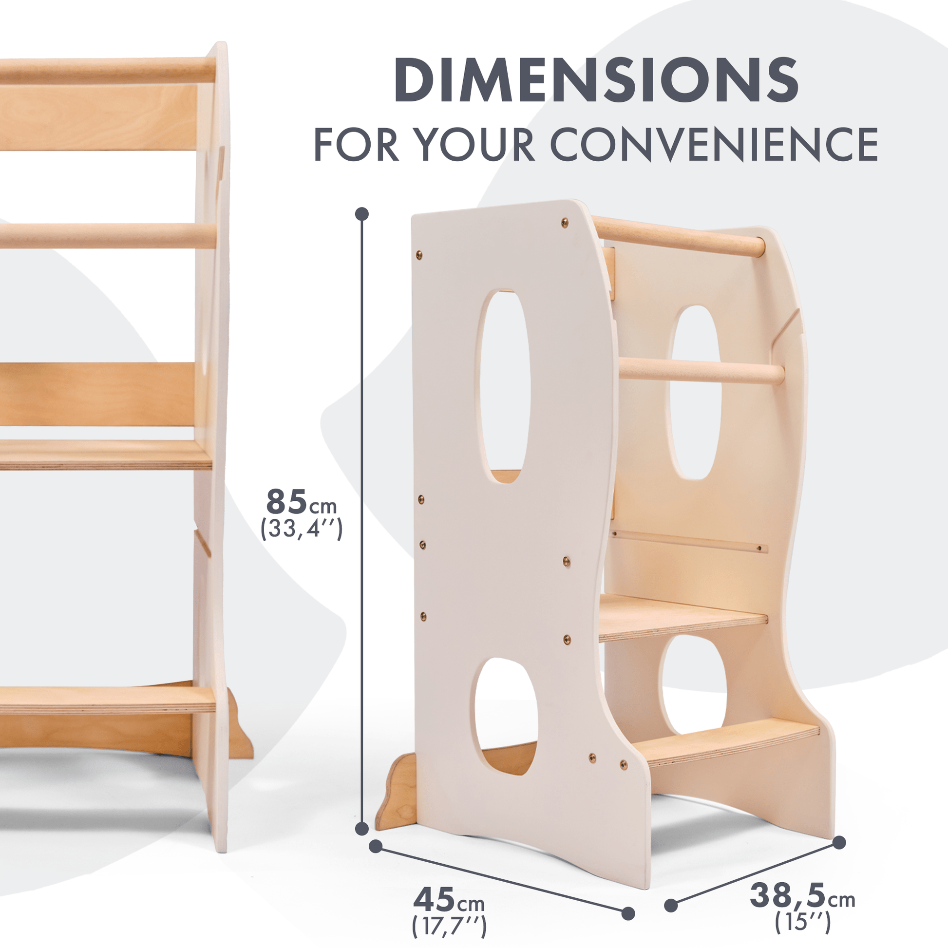 Stabiler Montessori Lernturm: Mitwachsender Kinderstuhl aus Holz – Elfenbein - BesonderesHoch2