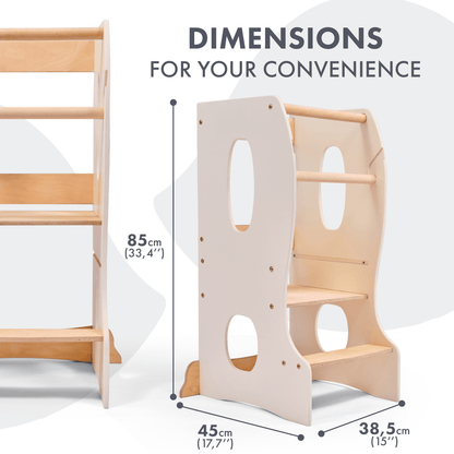 Stabiler Montessori Lernturm: Mitwachsender Kinderstuhl aus Holz – Elfenbein - BesonderesHoch2