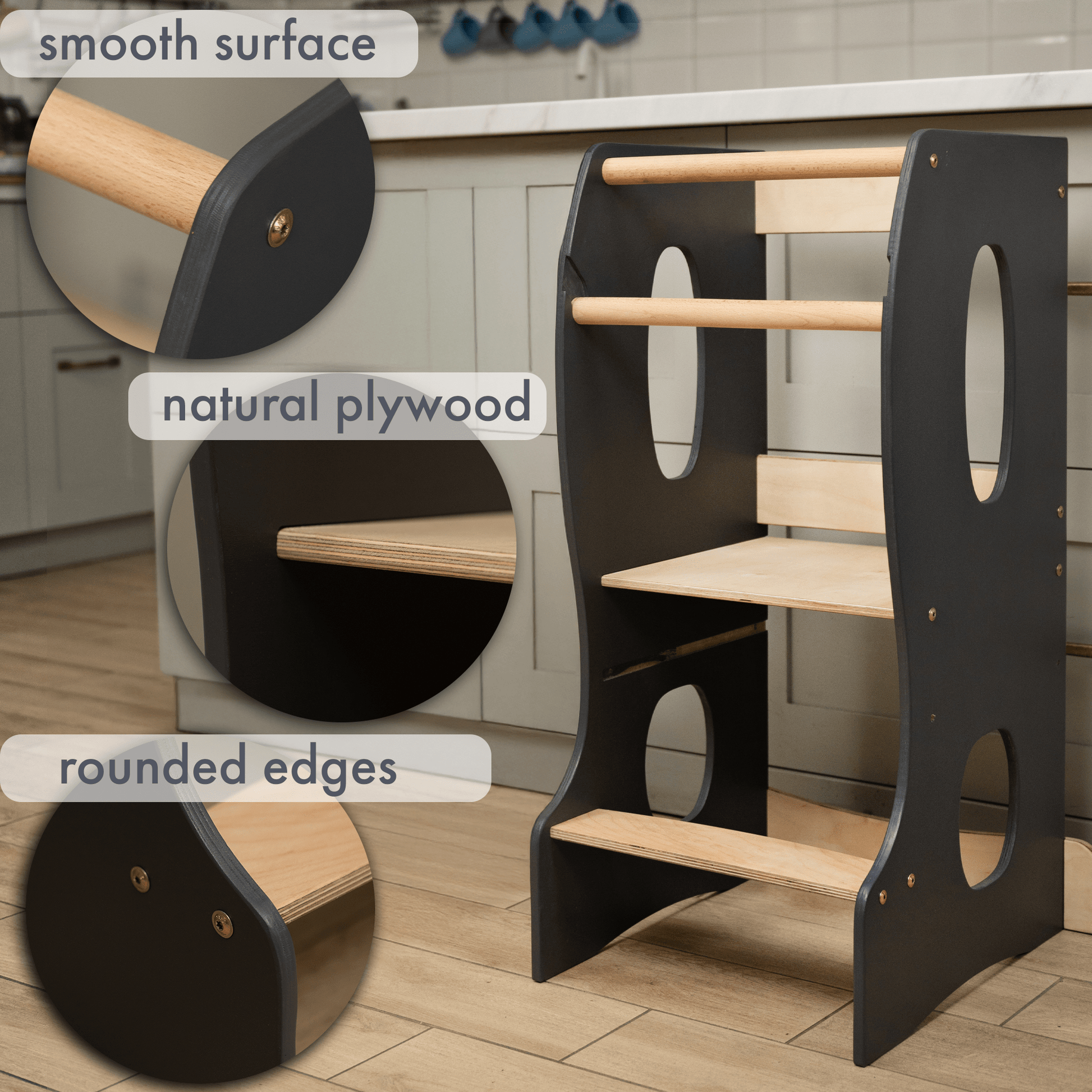 Stabiler Montessori Lernturm: Mitwachsender Kinderstuhl aus Holz – Grau - BesonderesHoch2