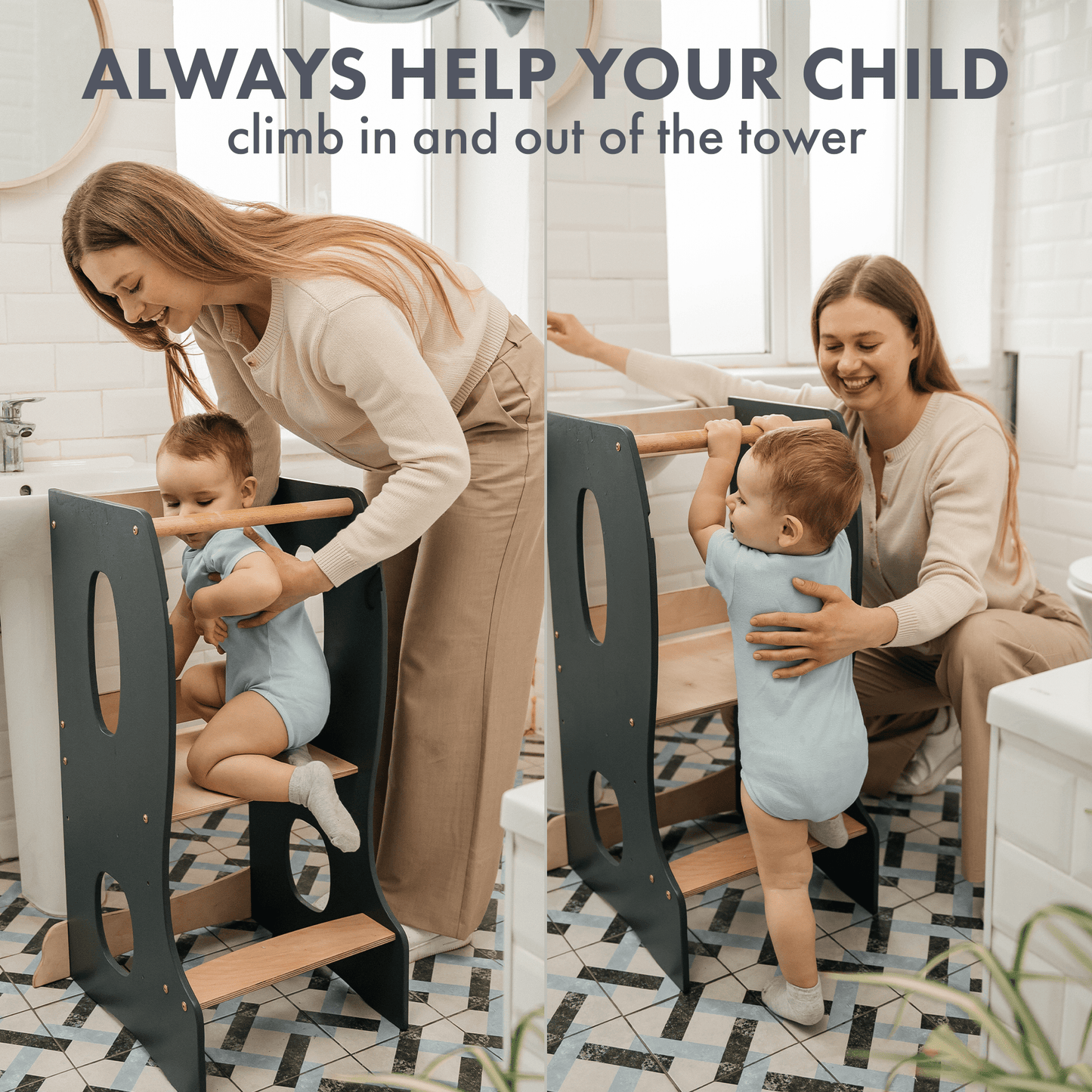 Stabiler Montessori Lernturm: Mitwachsender Kinderstuhl aus Holz – Grau - BesonderesHoch2