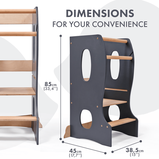 Stabiler Montessori Lernturm: Mitwachsender Kinderstuhl aus Holz – Grau - BesonderesHoch2